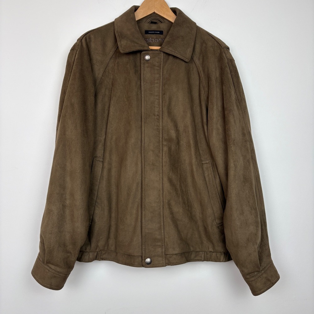 Claiborne Men Jacket L Brown Sueded Finish Full Zip Bomber Harrington Minimalist